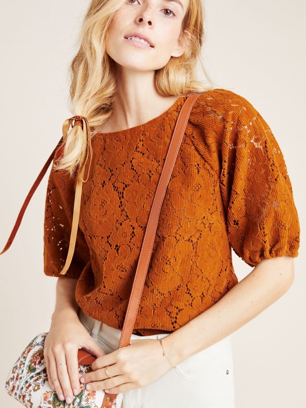 Dolan Norah Floral Corduroy Blouse Rust Lace Knit Puff-Sleeve Top Small